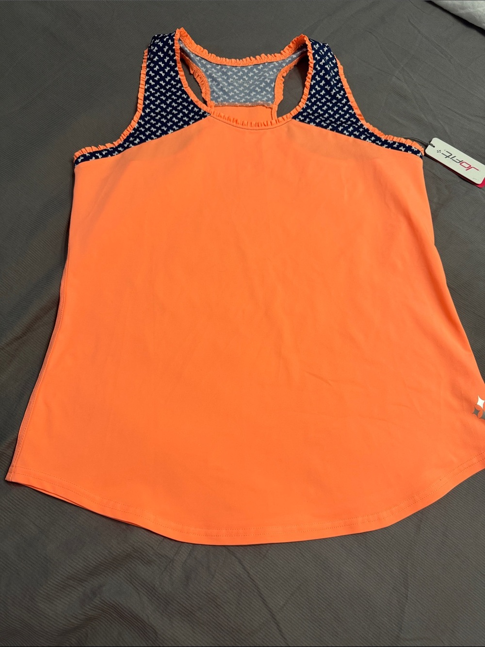 Jofit Bright Orange Racerback Tank with Navy Pattern Accents